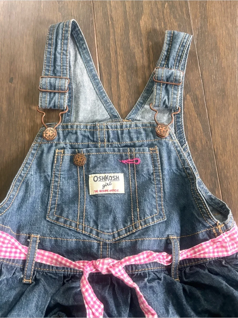 Osh Kosh B’Gosh Denim W/ Pink Gingham Bib Overall Jumper Dress Ruffle Tier- 4T